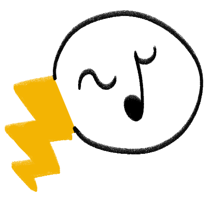 A speech bubble coming from a yellow lightning bolt with a musical note in it.